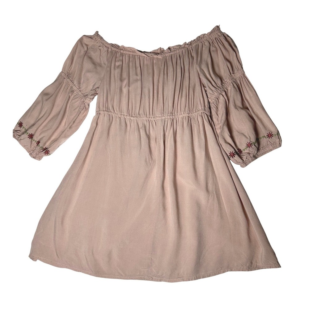 Boho Floral Embroidered Off Shoulder Tunic Dress XL Mauve Cottagecore - Picture 3 of 5